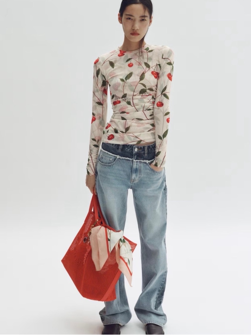 H&M x Stella McCartney Sheer Cherry-Print Long Sleeve Top - White, Red, Green - Picture 3 of 3